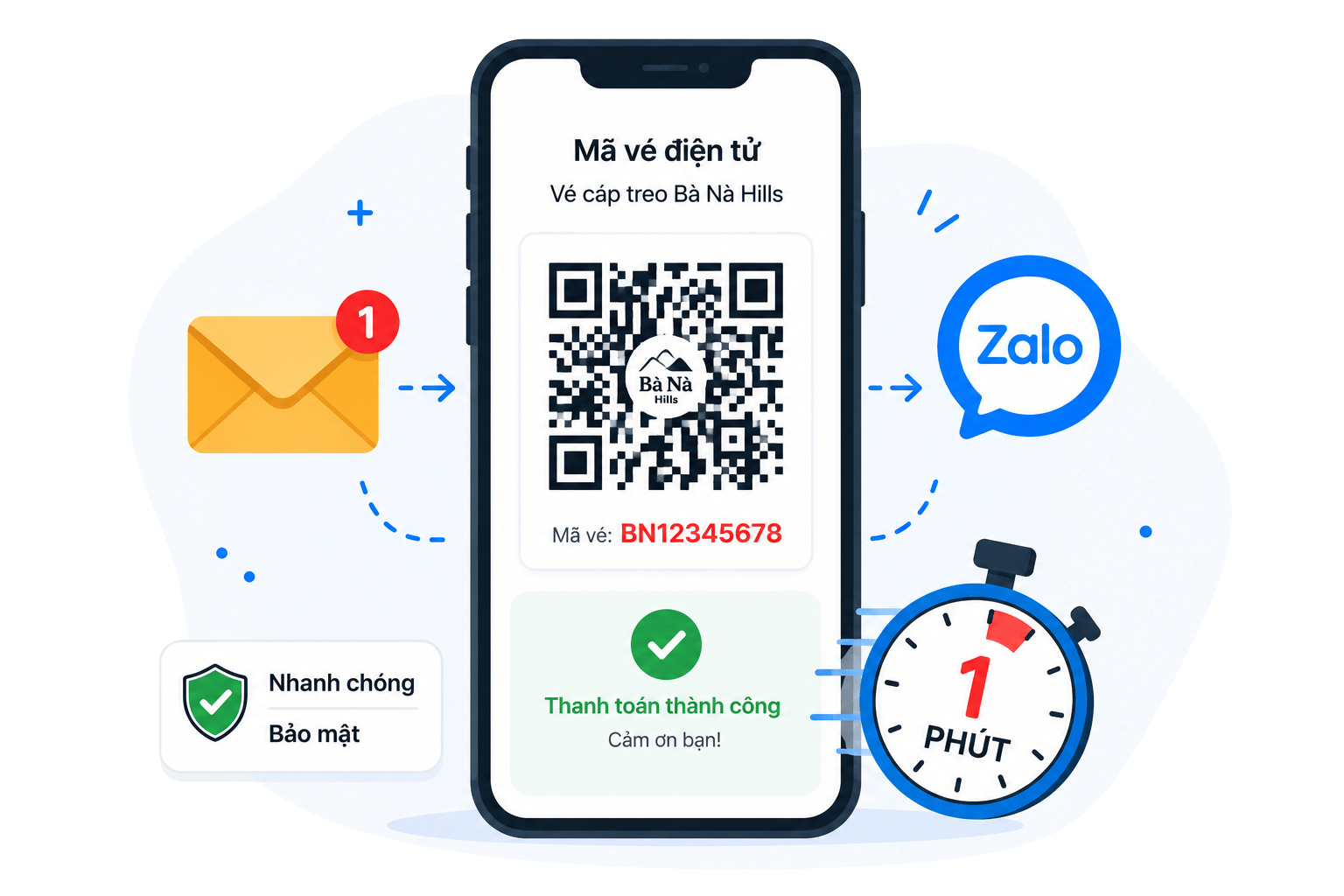 Điện thoại hiển thị vé QR Code Núi Bà Đen cùng biểu tượng email